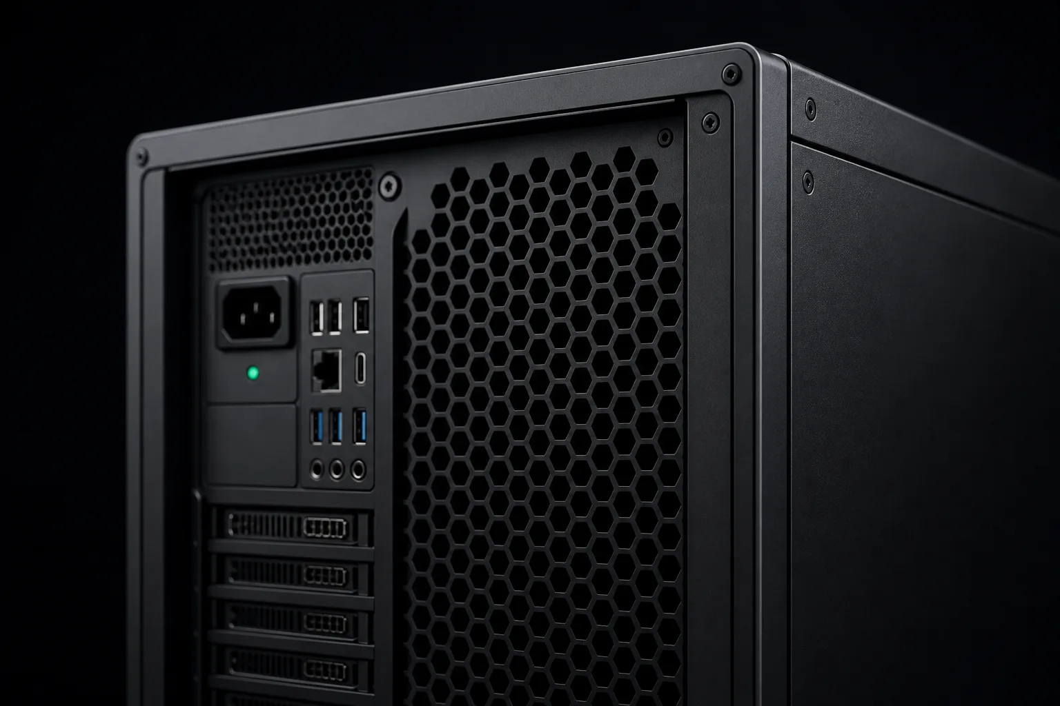 Close-up of matte black chassis cooling and ports