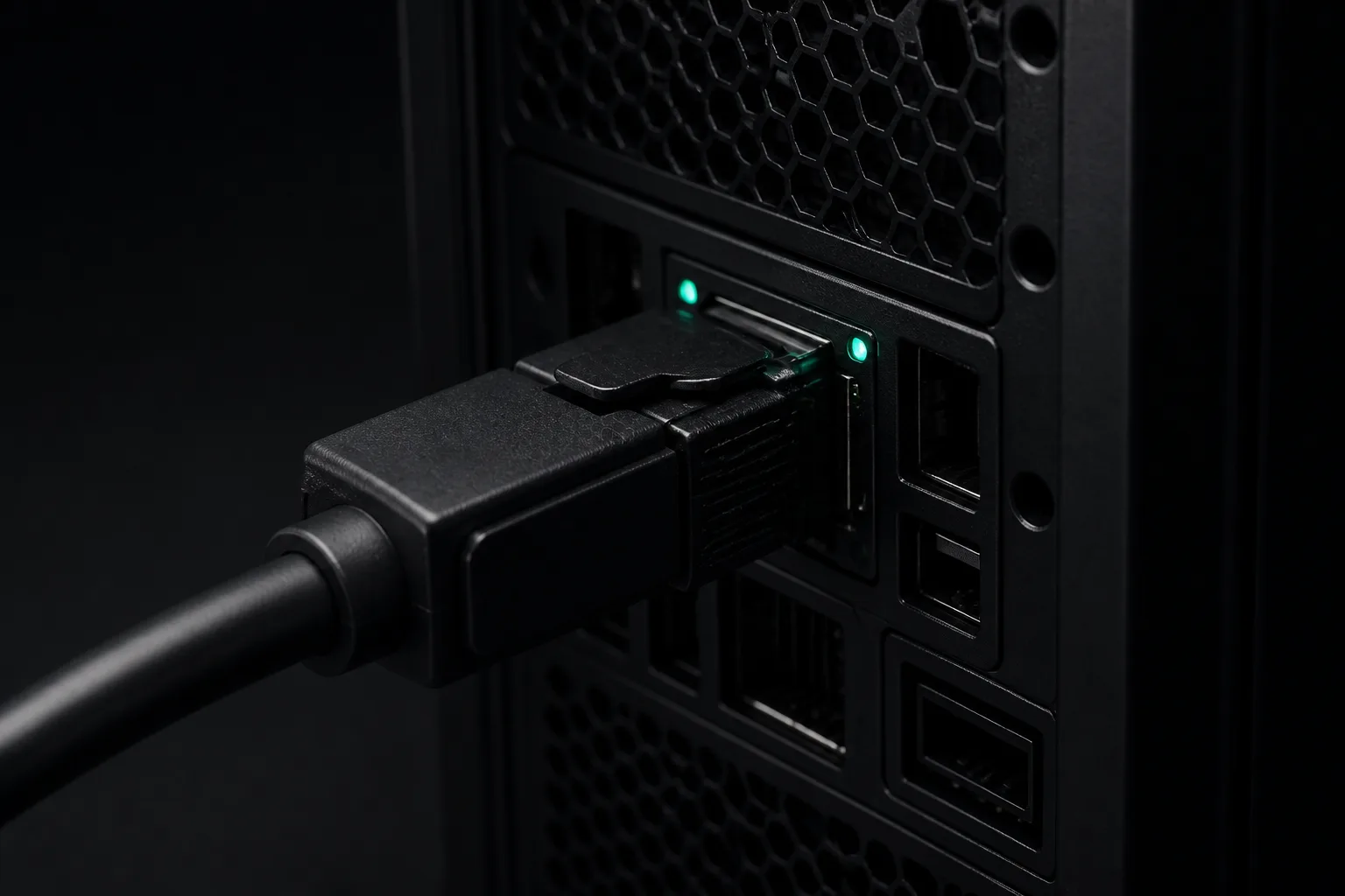 High-speed interconnect cable into a dark metal chassis port