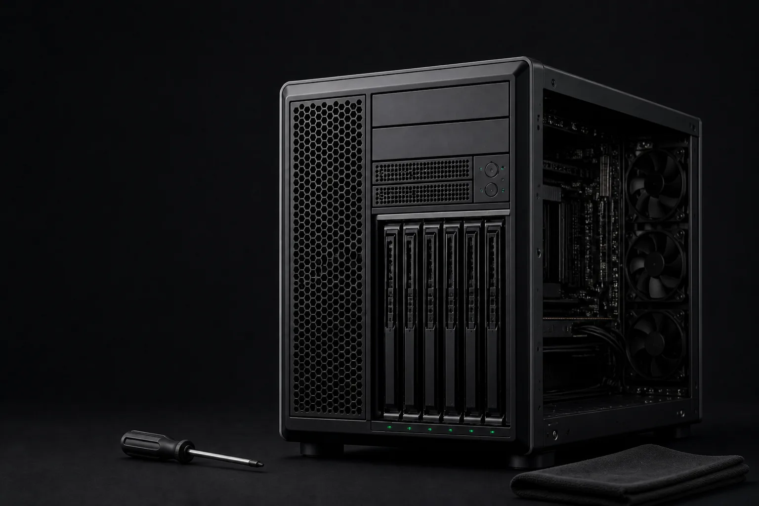 Workstation chassis on a dark build bench